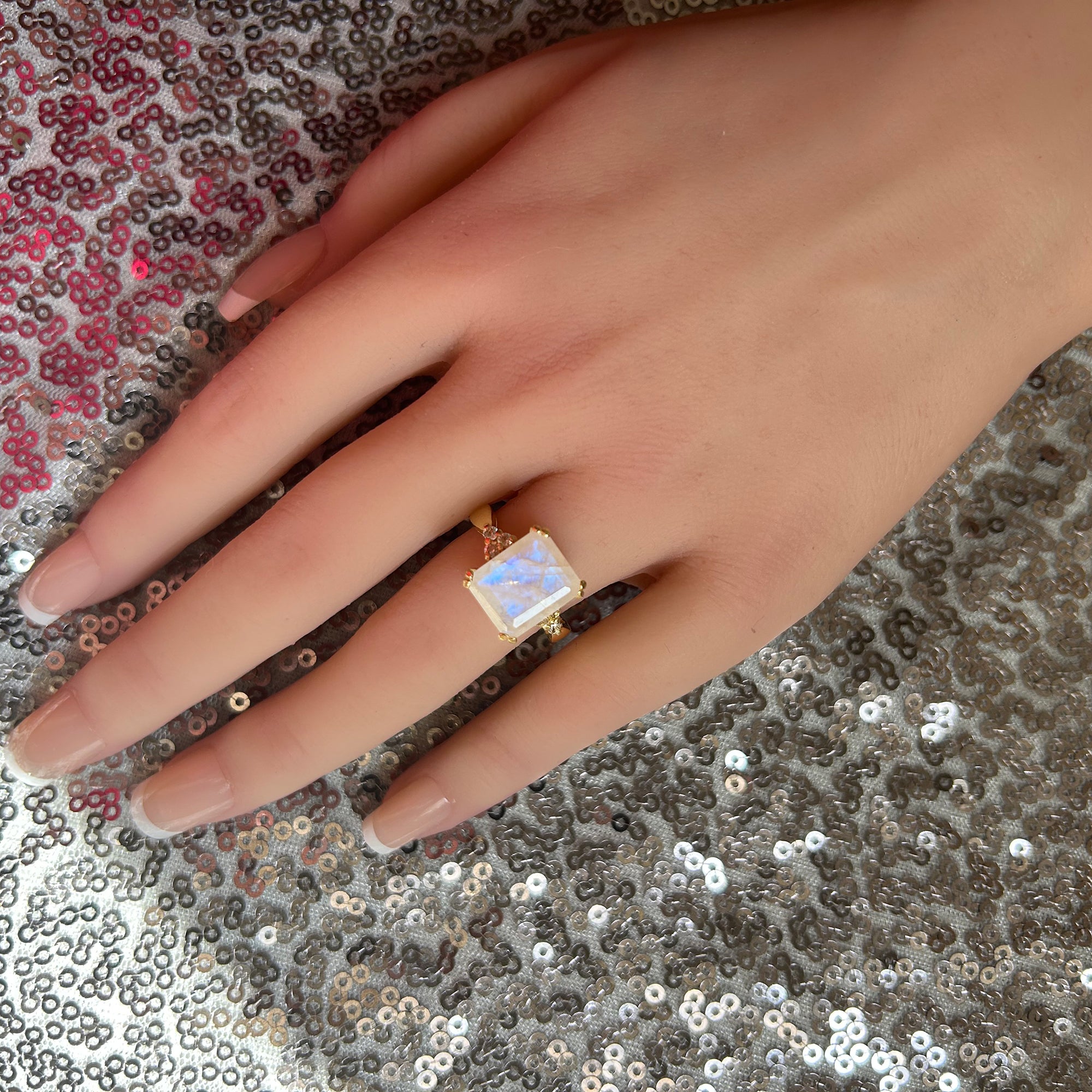 Rainbow Moonstone Ring - June Birthstone - Octagon Rainbow Moonstone Ring with Clear Quartz Accents - H.L.Jewelry