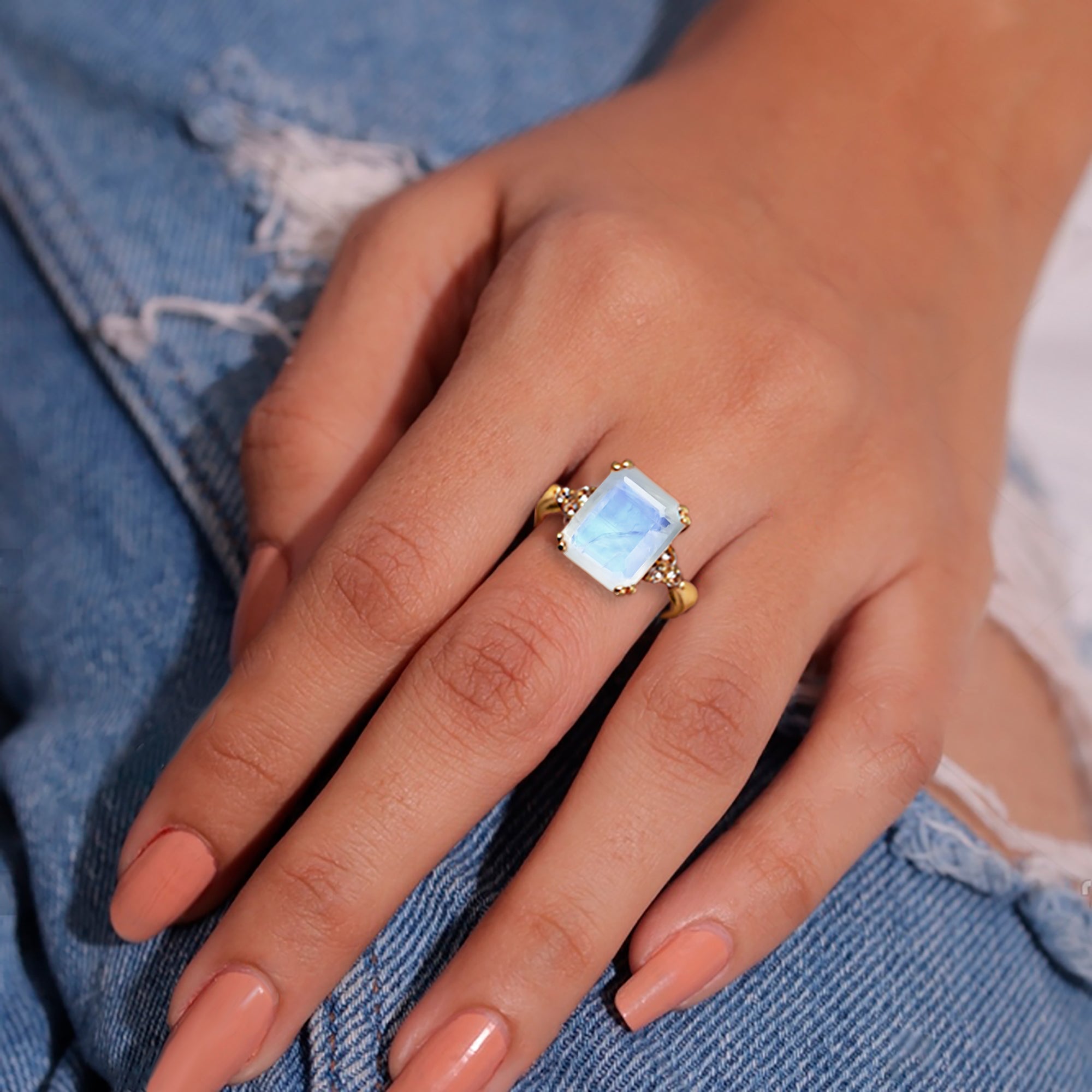 Rainbow Moonstone Ring - June Birthstone - Octagon Rainbow Moonstone Ring with Clear Quartz Accents - H.L.Jewelry