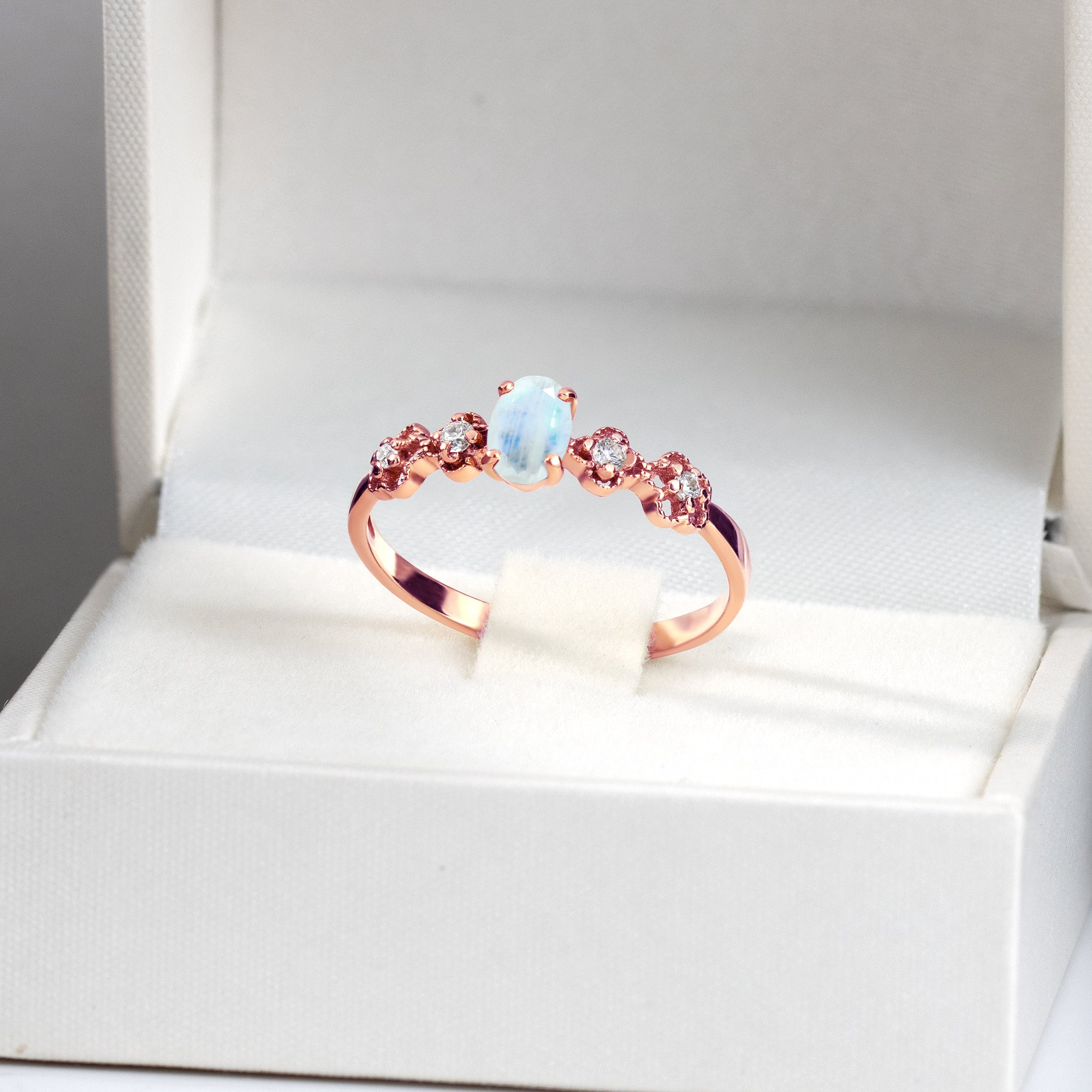 Rainbow Moonstone Ring - June Birthstone - Oval Rainbow Moonstone Flower Setting Delicate Ring with Clear Quartz Accents - H.L.Jewelry