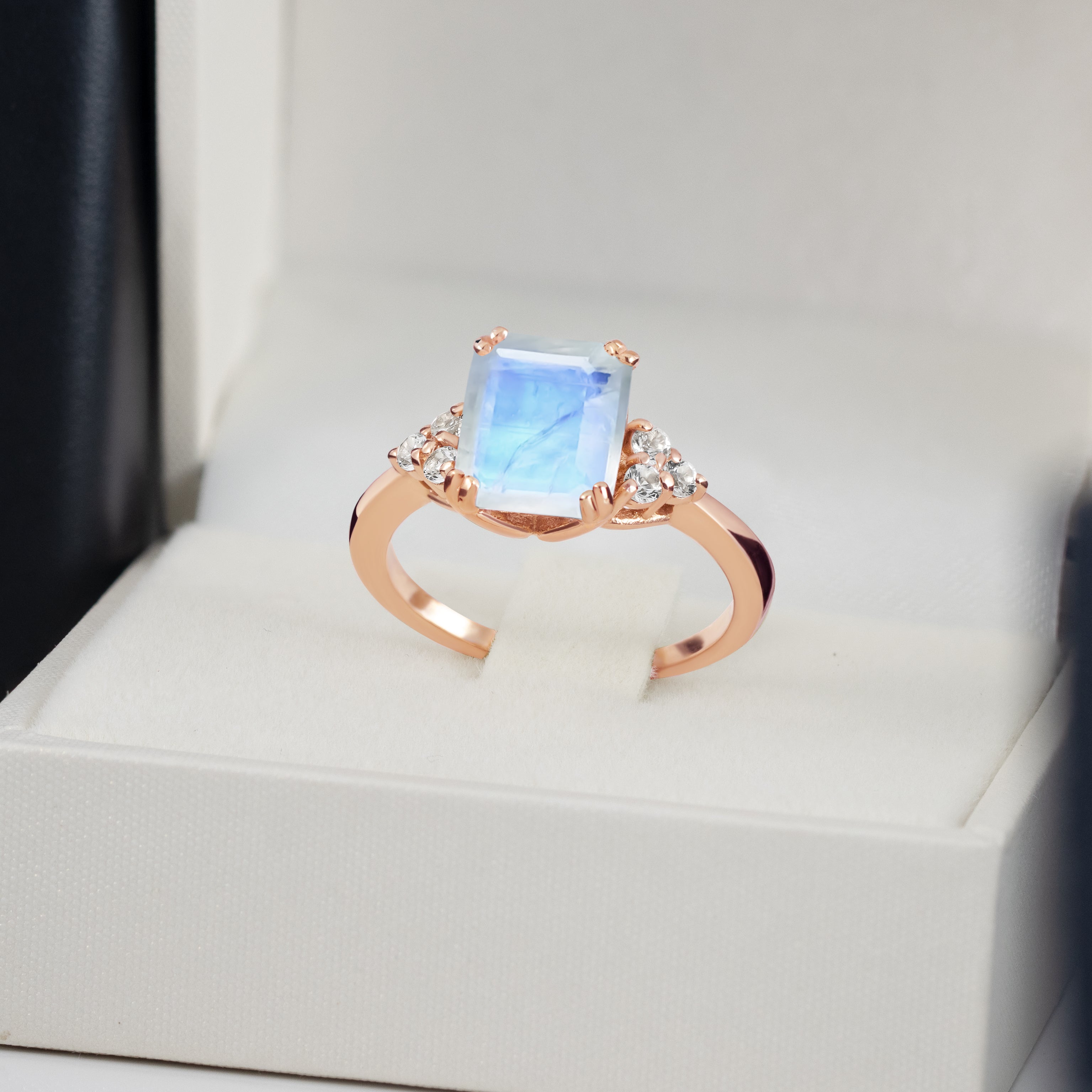 Rainbow Moonstone Ring - June Birthstone - Octagon Rainbow Moonstone Statement Engagement Ring with Clear Quartz Accents - H.L.Jewelry