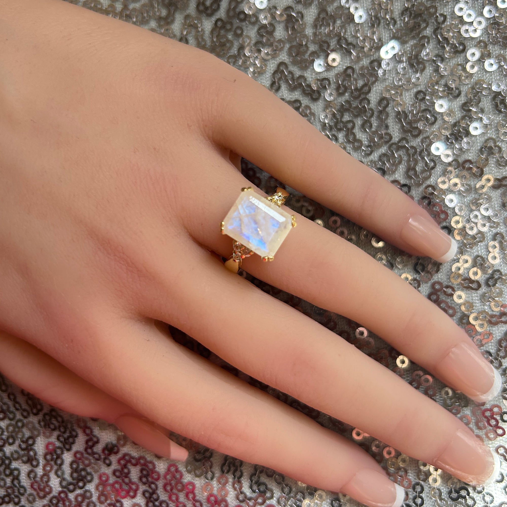 Rainbow Moonstone Ring - June Birthstone - Octagon Rainbow Moonstone Ring with Clear Quartz Accents - H.L.Jewelry