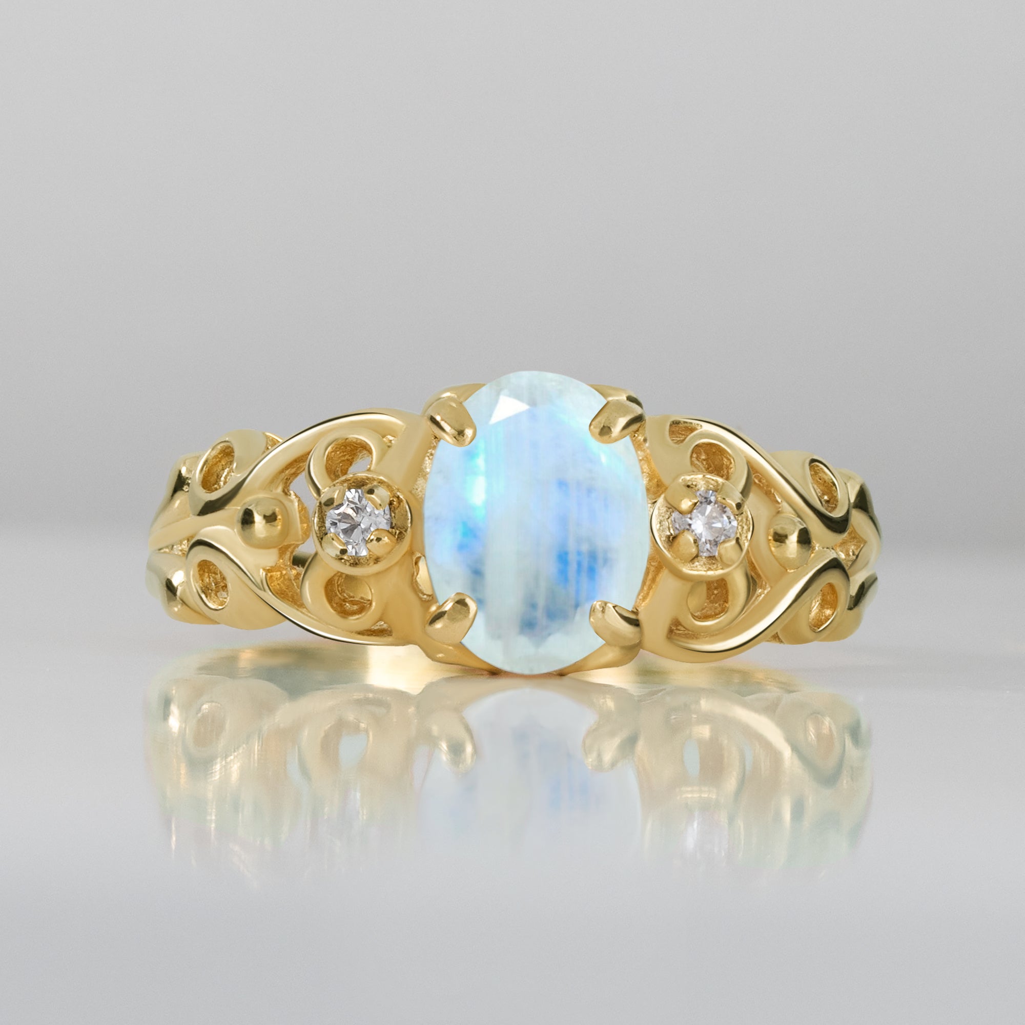 Rainbow Moonstone Ring - June Birthstone - Oval Rainbow Moonstone Lace Ring with Clear Quartz Accents - H.L.Jewelry