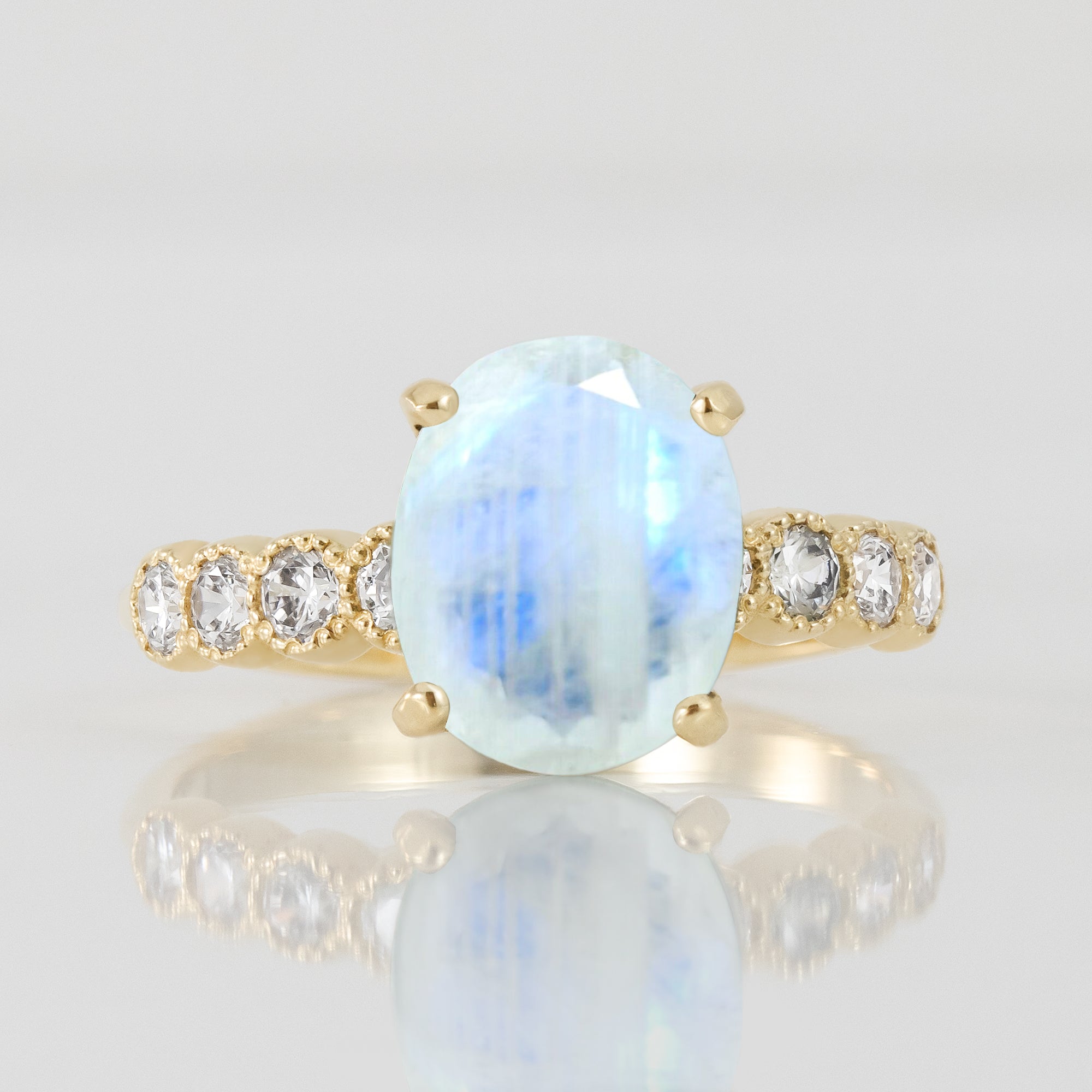 Rainbow Moonstone Ring - June Birthstone - Oval Rainbow Moonstone Statement Engagement Ring with Clear Quartz Accents - H.L.Jewelry