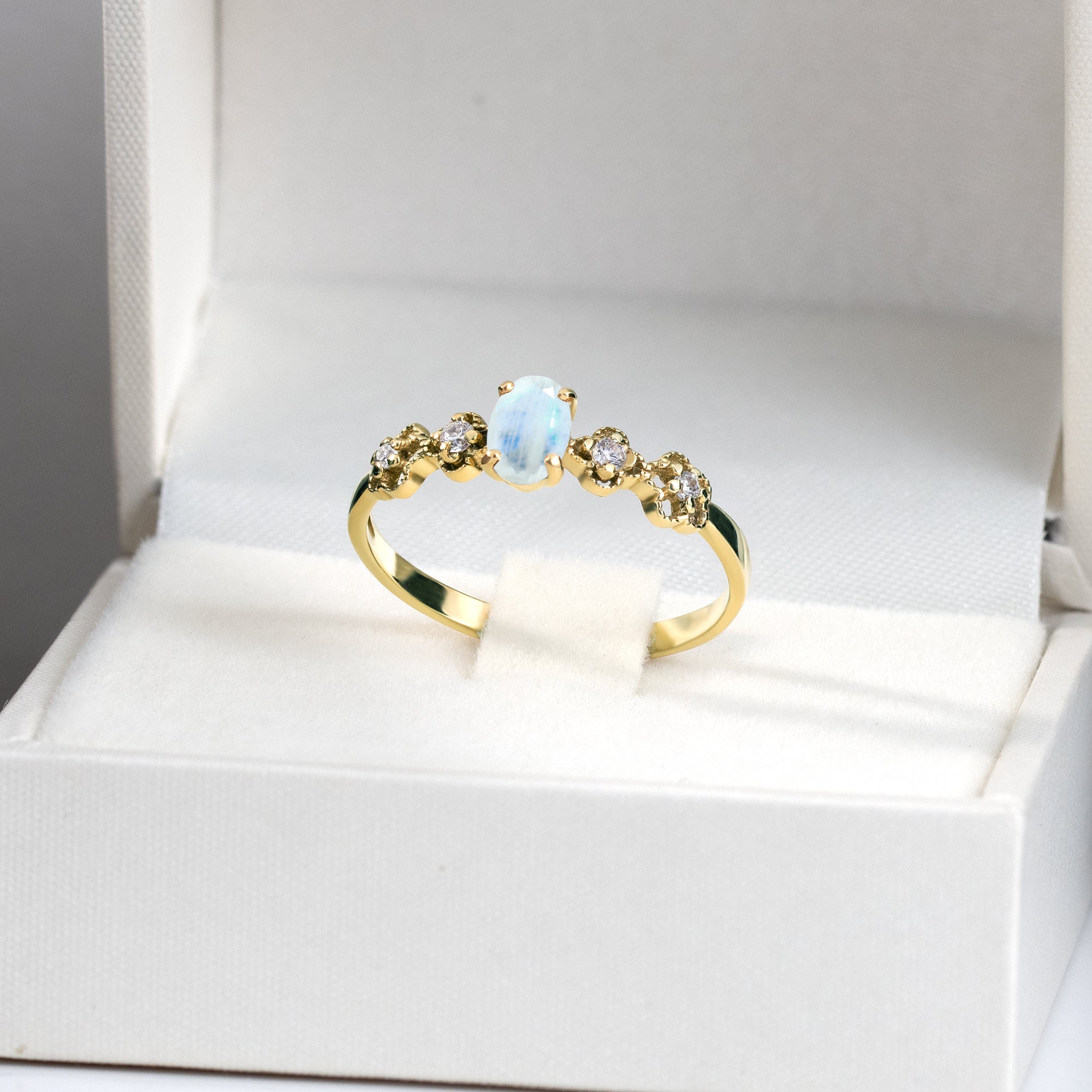 Rainbow Moonstone Ring - June Birthstone - Oval Rainbow Moonstone Flower Setting Delicate Ring with Clear Quartz Accents - H.L.Jewelry