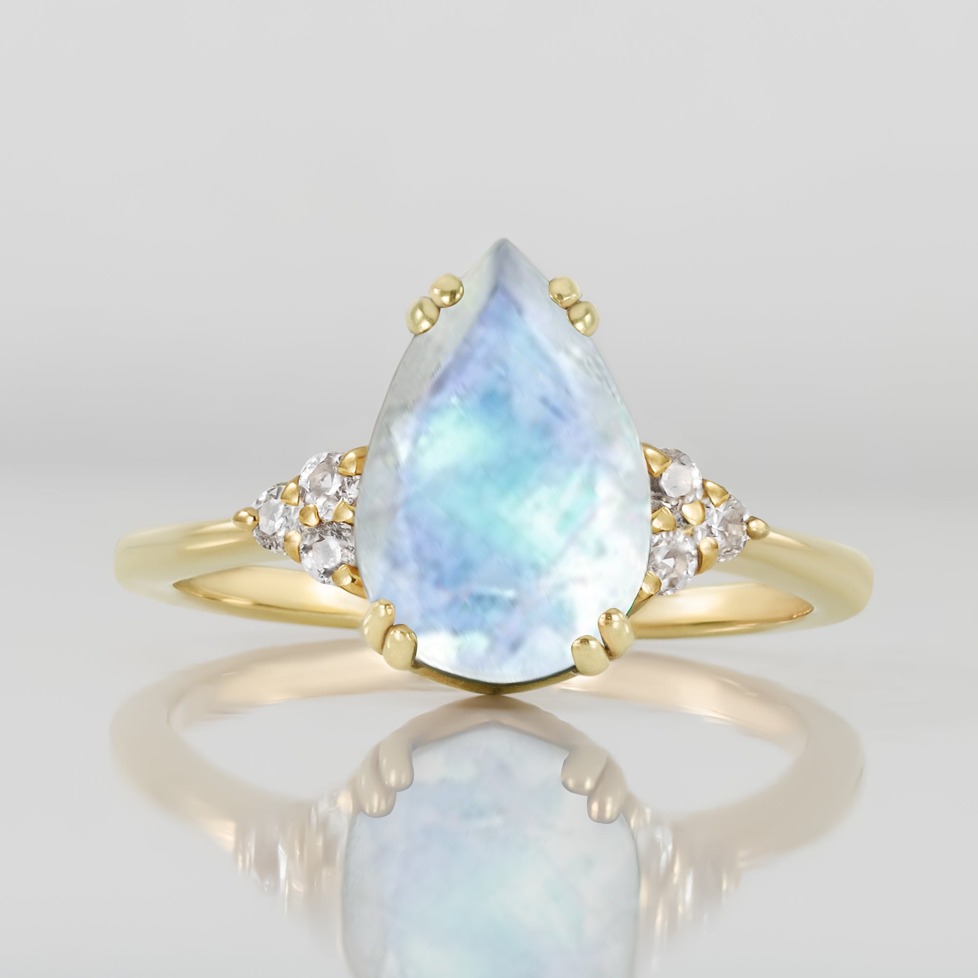 Rainbow Moonstone Ring - June Birthstone - Pear-Shaped Rainbow Moonstone Statement Engagement Ring with Clear Quartz Accents - H.L.Jewelry