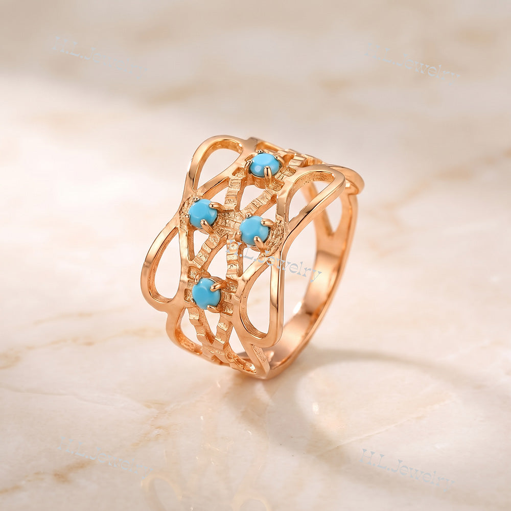 Natural Blue Turquoise Wide Filigree Hammered Band Ring - H.L.Jewelry