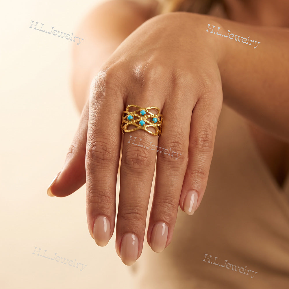 Natural Blue Turquoise Wide Filigree Hammered Band Ring - H.L.Jewelry