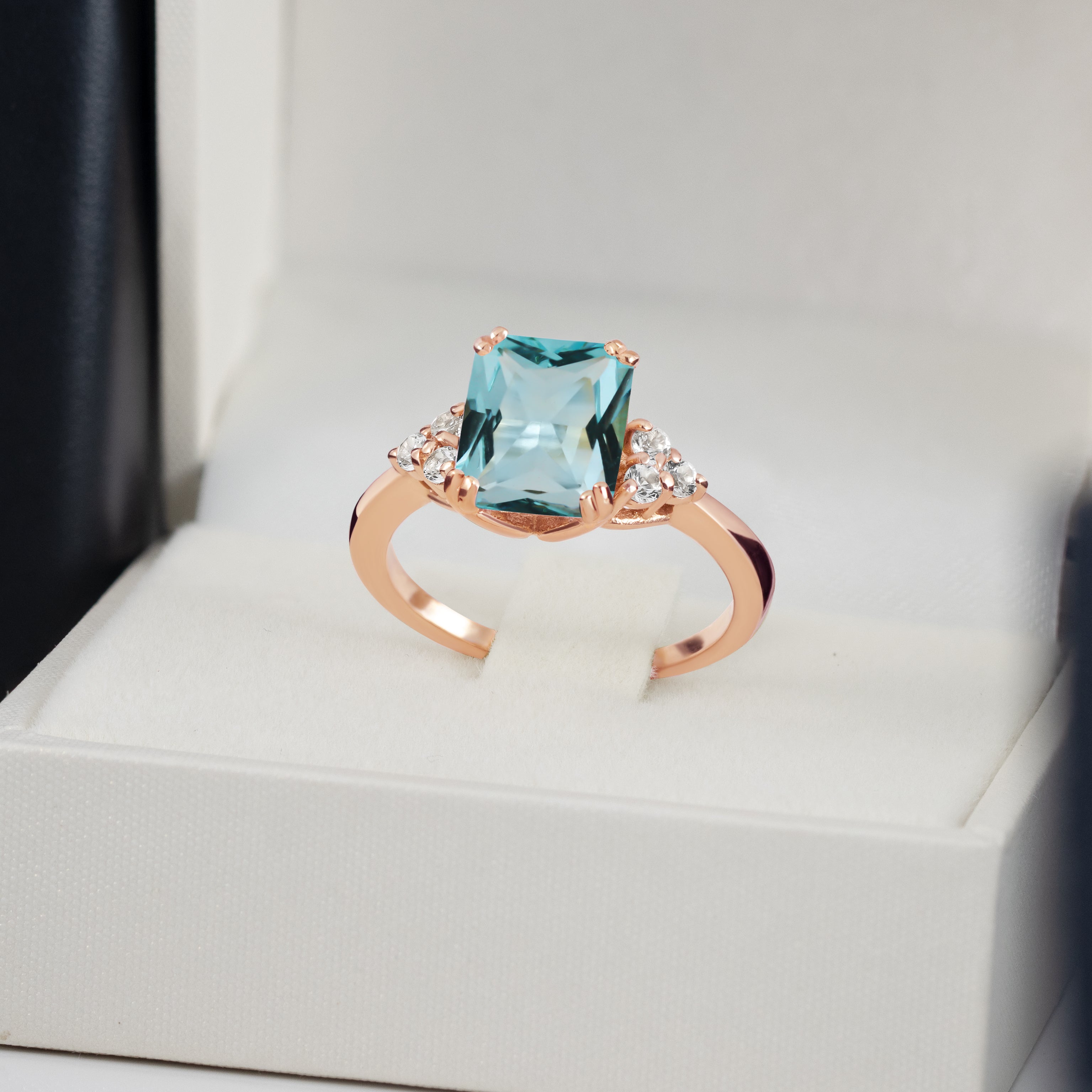 Octagon Aquamarine Engagement Ring with Clear Quartz Accents - H.L.Jewelry