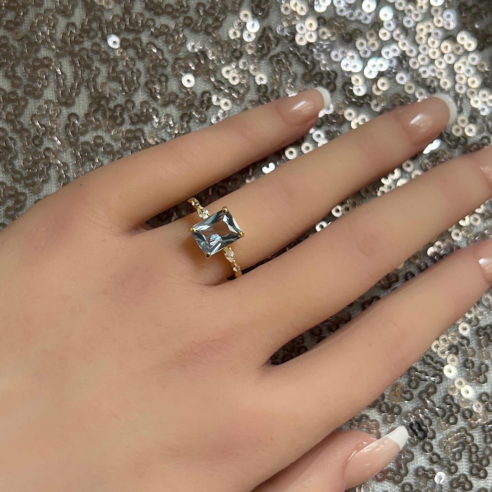 Octagon Aquamarine Ring with Marquise & Round Clear Quartz Accents - H.L.Jewelry