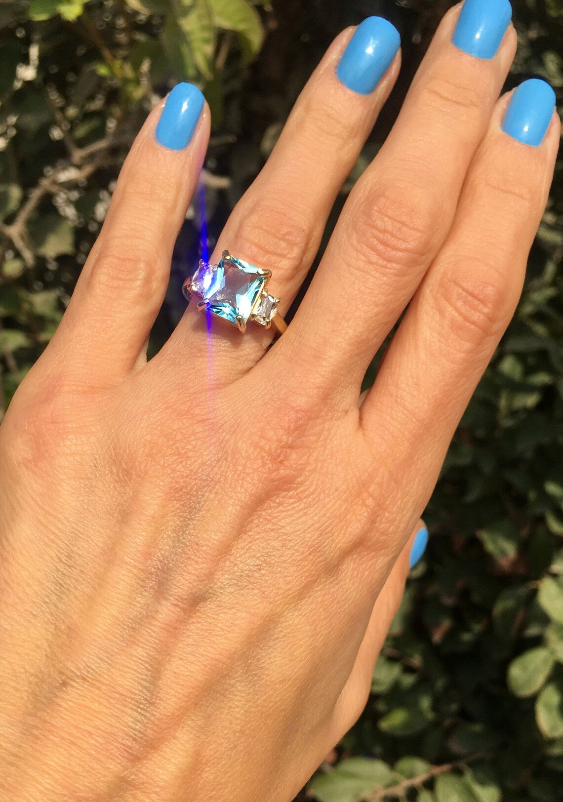 Octagon Aquamarine Statement Ring with Clear Quartz Accents - H.L.Jewelry