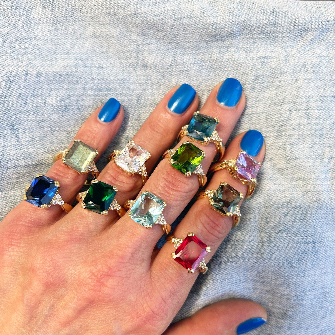 Octagon Aquamarine Statement Ring with Clear Quartz Accents - H.L.Jewelry