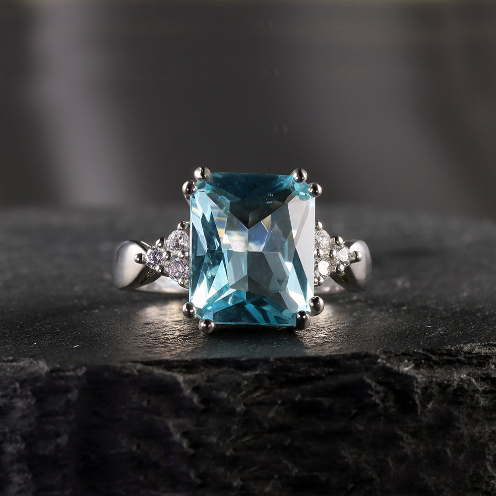 Octagon Aquamarine Statement Ring with Clear Quartz Accents - H.L.Jewelry