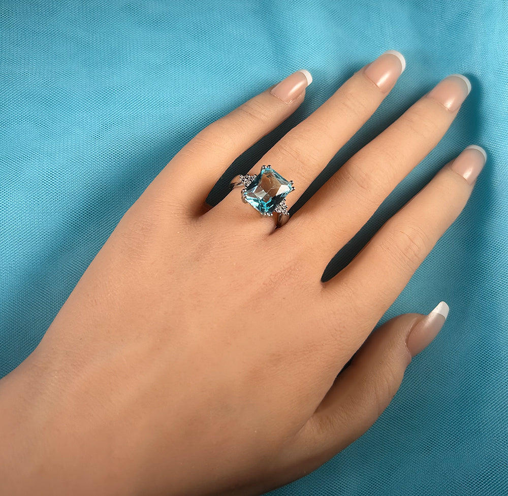 Octagon Aquamarine Statement Ring with Clear Quartz Accents - H.L.Jewelry