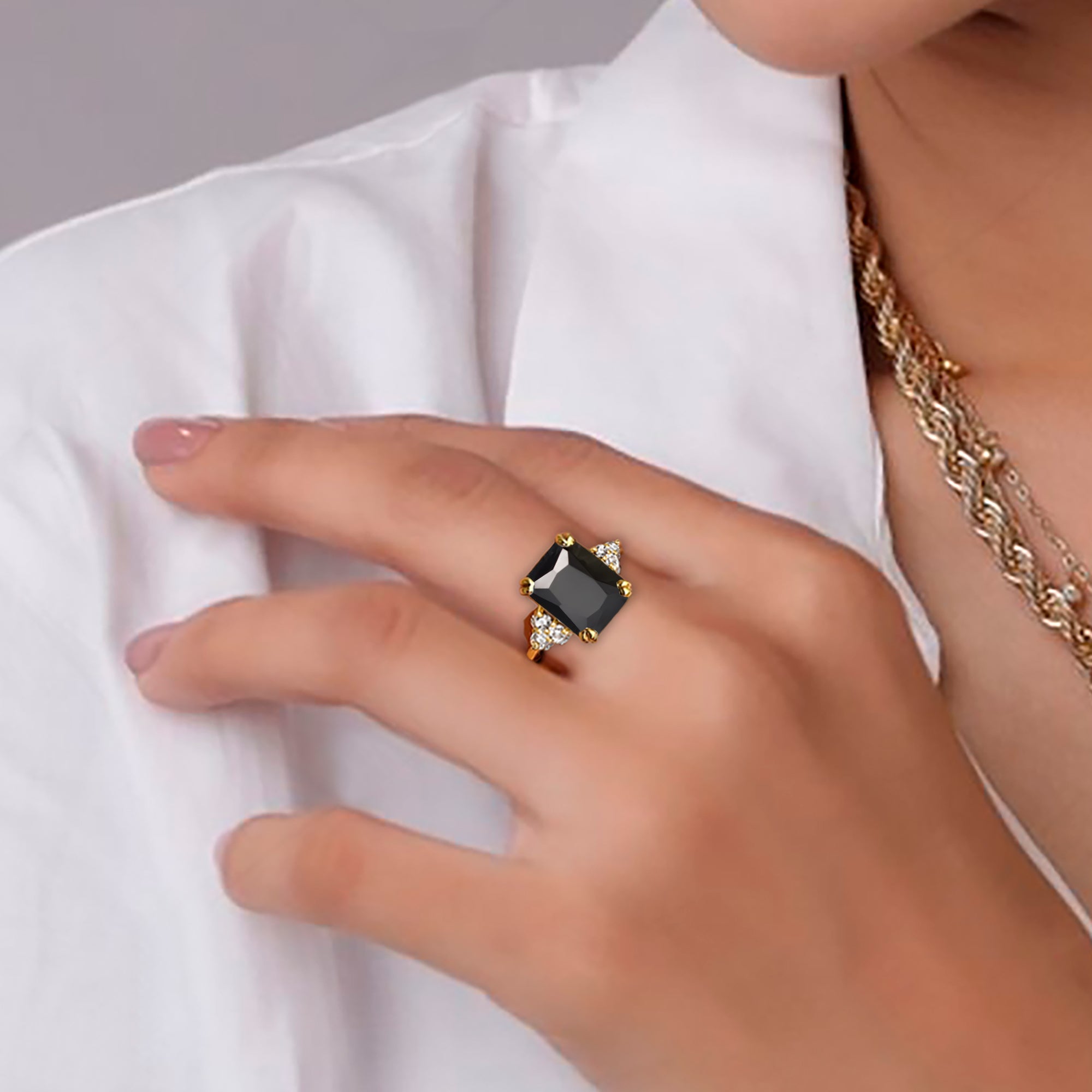 Octagon Black Onyx Engagement Ring with Clear Quartz Accents - H.L.Jewelry