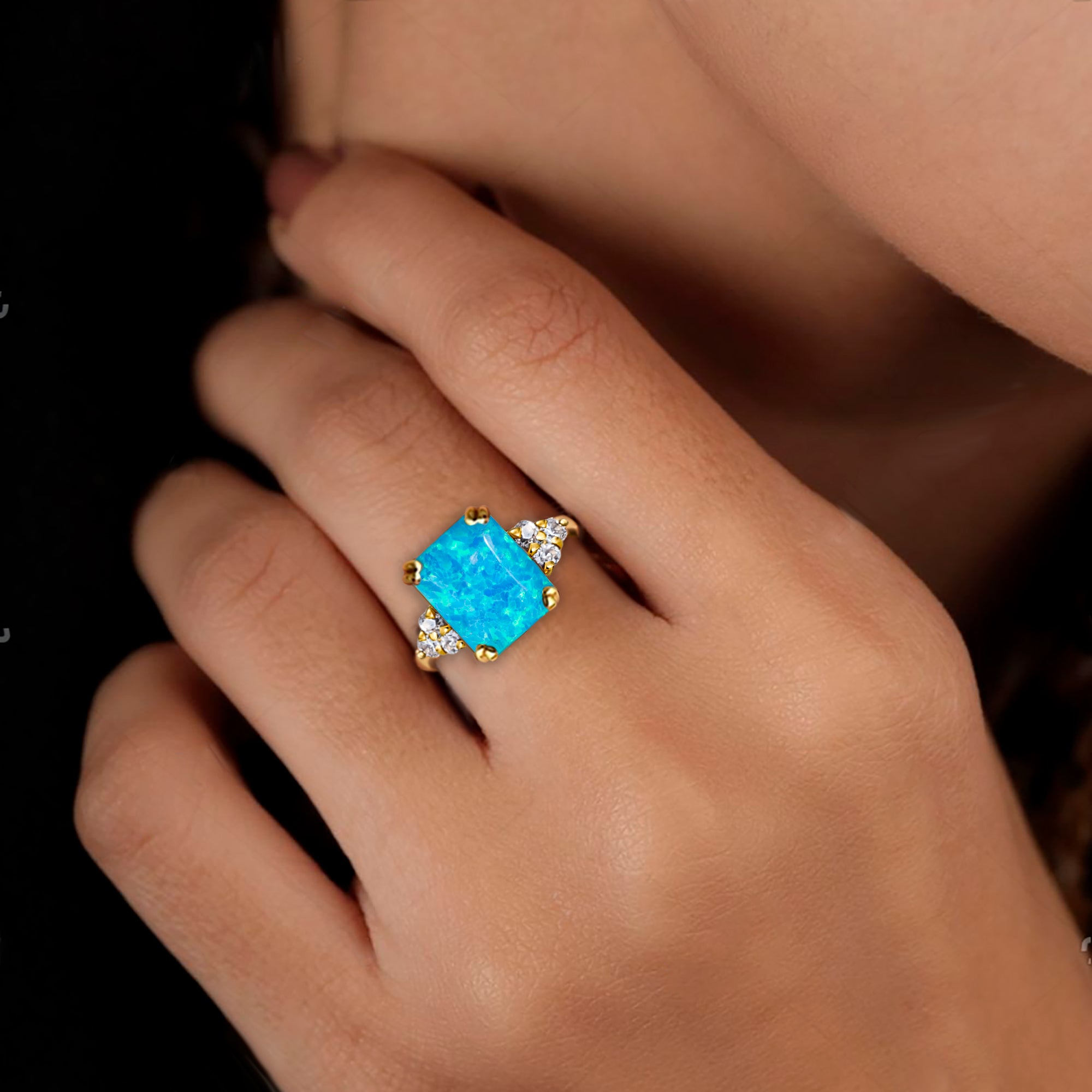 Octagon Blue Opal Engagement Ring with Clear Quartz Accents - H.L.Jewelry