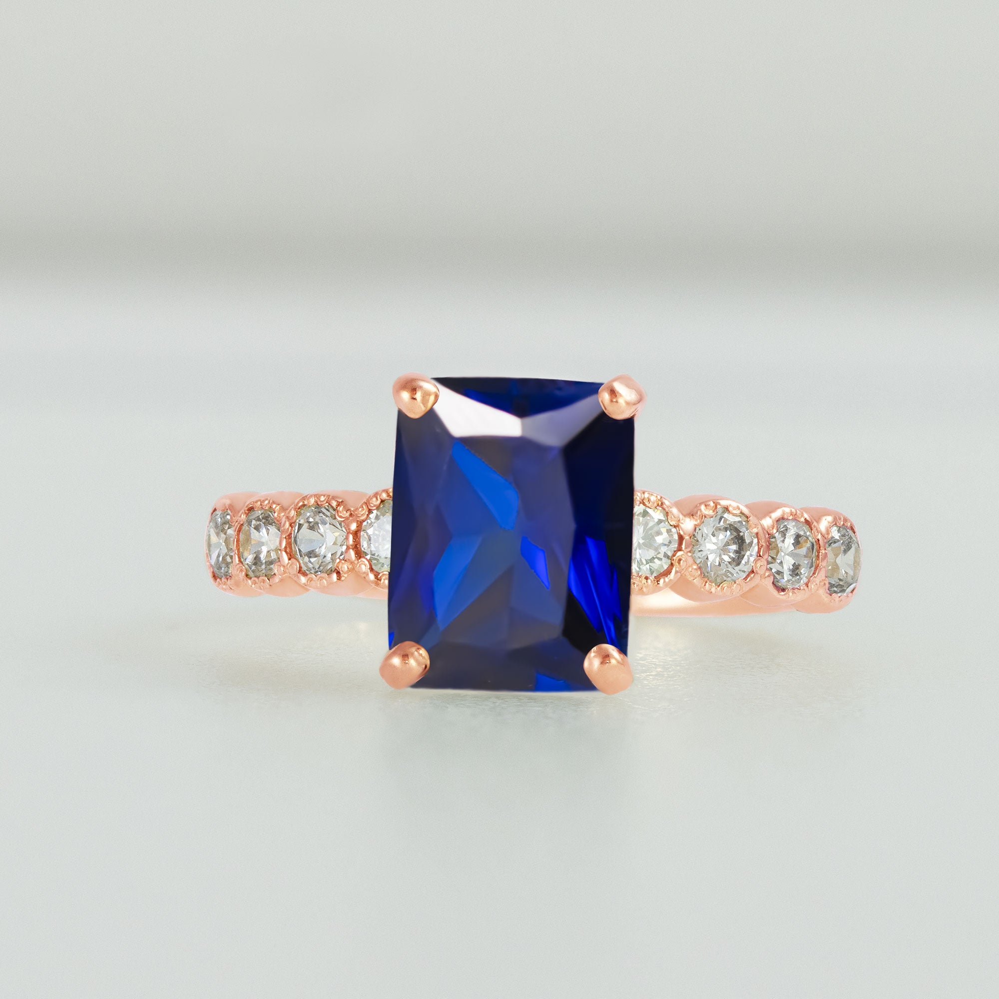 Octagon Blue Sapphire Engagement Ring with Clear Quartz Accents - H.L.Jewelry