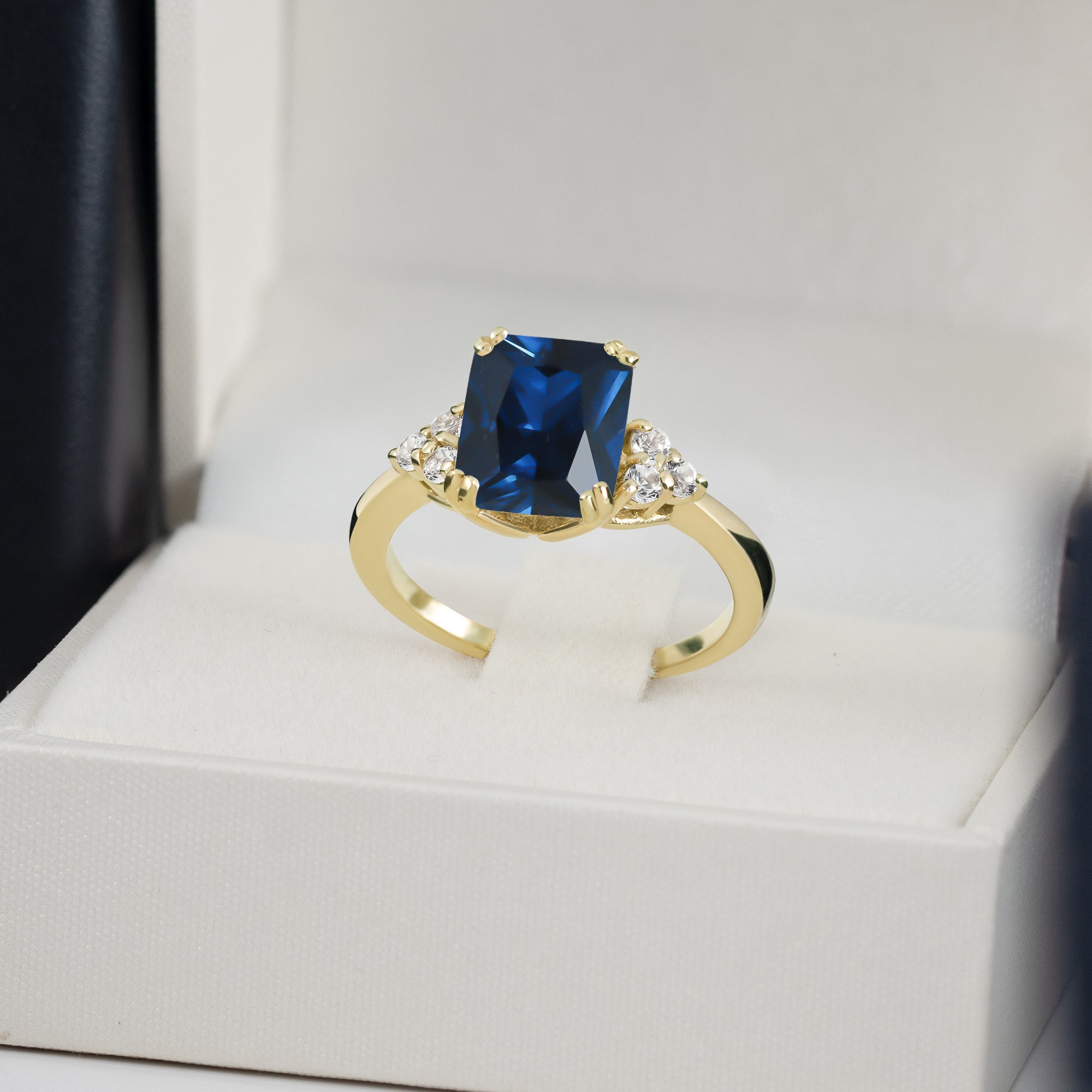 Octagon Blue Sapphire Engagement Ring with Quartz Accents - H.L.Jewelry