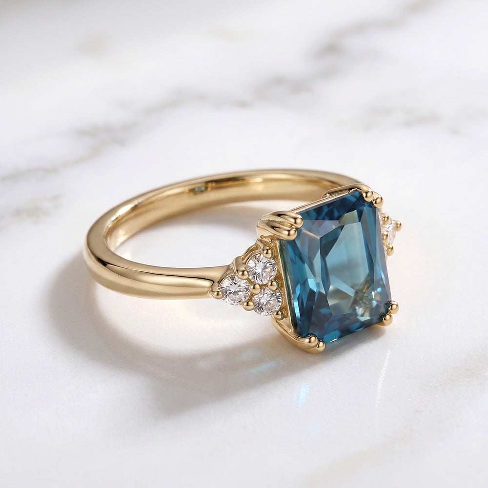 Octagon Blue Topaz Engagement Ring with Clear Quartz Accents - H.L.Jewelry