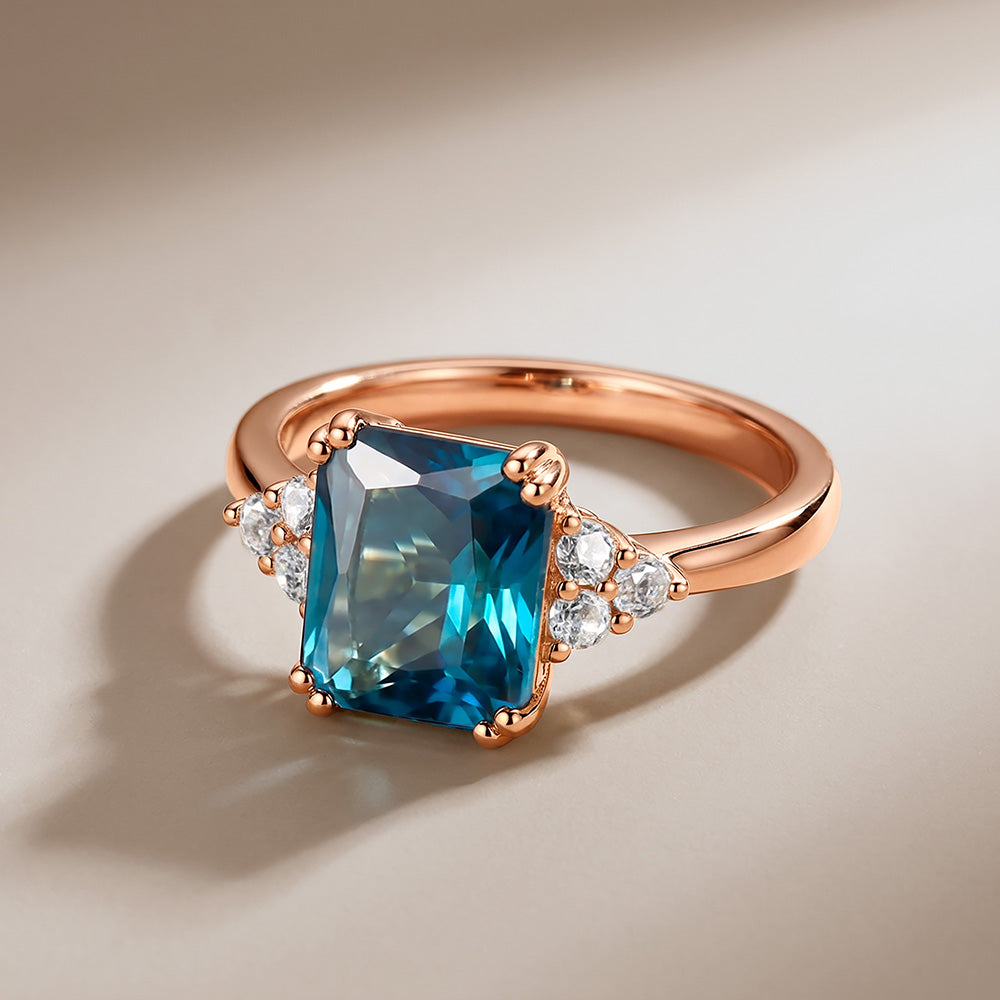 Octagon Blue Topaz Engagement Ring with Clear Quartz Accents - H.L.Jewelry