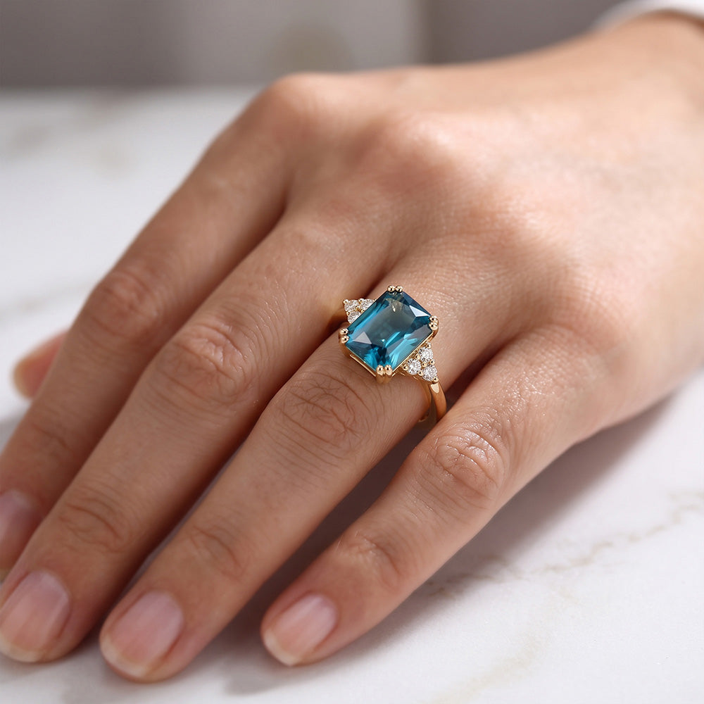 Octagon Blue Topaz Engagement Ring with Clear Quartz Accents - H.L.Jewelry