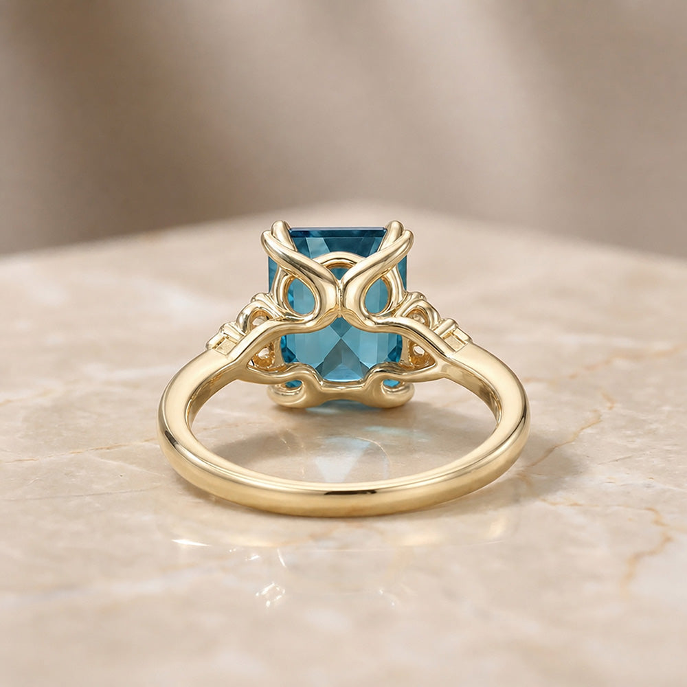 Octagon Blue Topaz Engagement Ring with Clear Quartz Accents - H.L.Jewelry