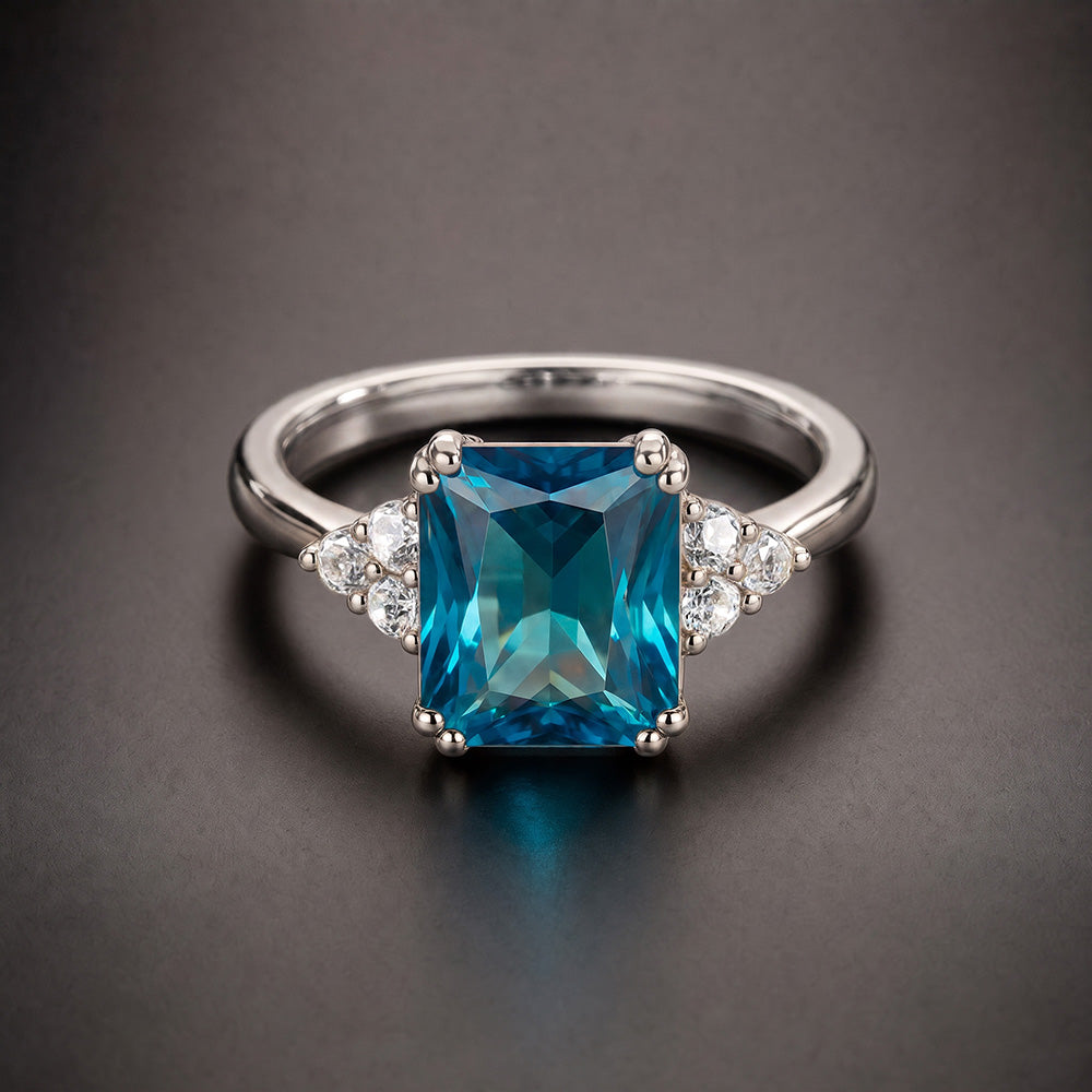 Octagon Blue Topaz Engagement Ring with Clear Quartz Accents - H.L.Jewelry