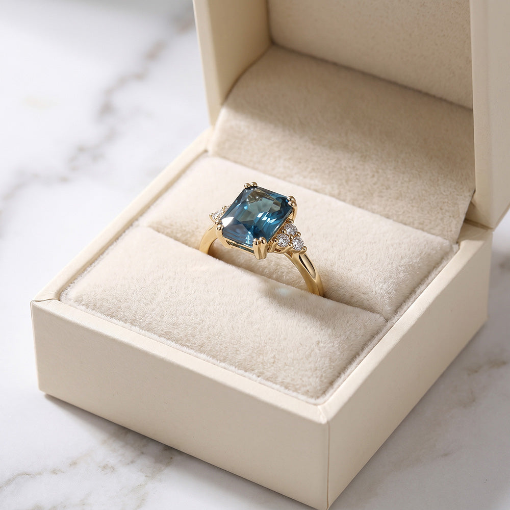 Octagon Blue Topaz Engagement Ring with Clear Quartz Accents - H.L.Jewelry