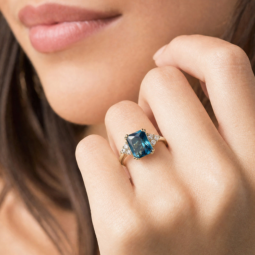 Octagon Blue Topaz Engagement Ring with Clear Quartz Accents - H.L.Jewelry
