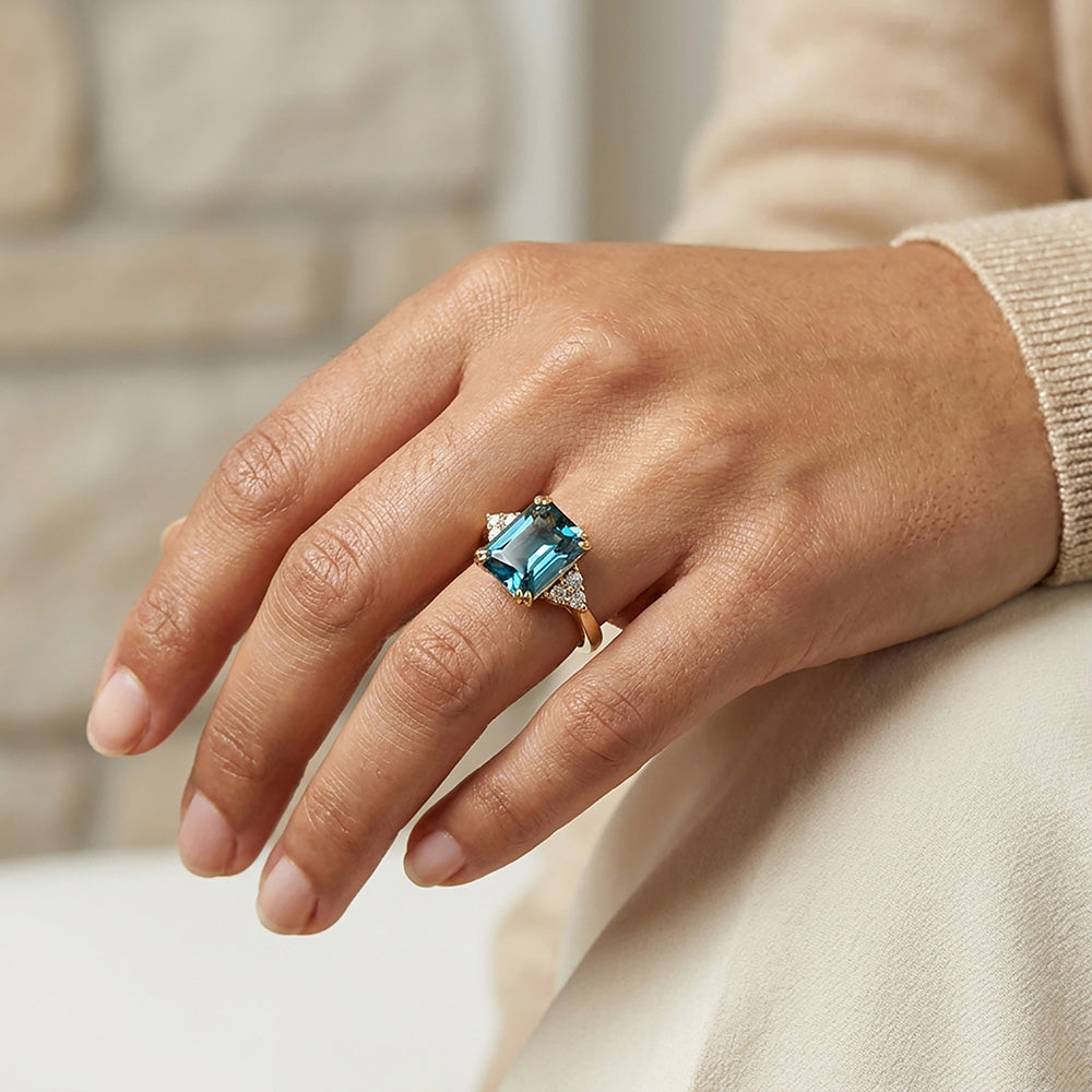 Octagon Blue Topaz Engagement Ring with Clear Quartz Accents - H.L.Jewelry