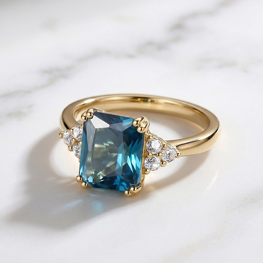 Octagon Blue Topaz Engagement Ring with Clear Quartz Accents - H.L.Jewelry