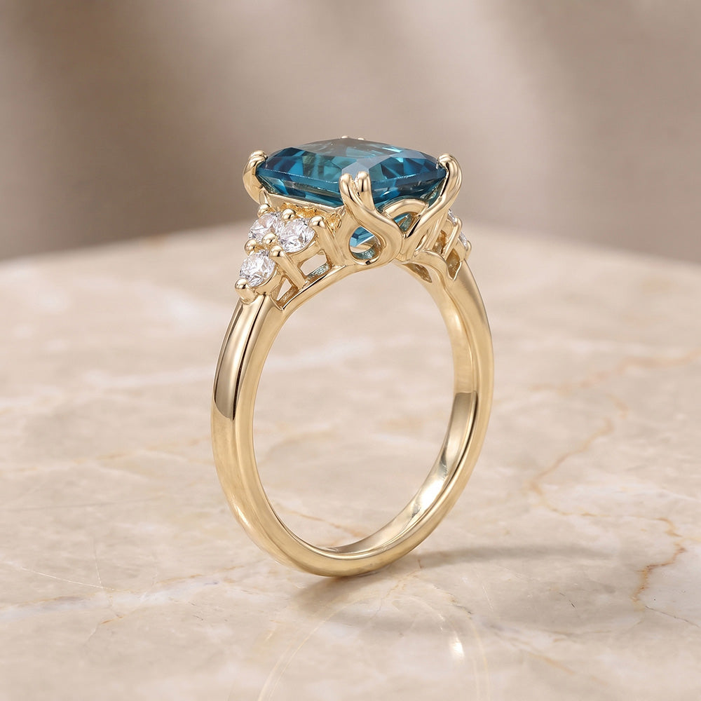Octagon Blue Topaz Engagement Ring with Clear Quartz Accents - H.L.Jewelry