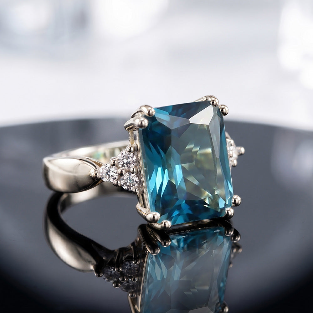 Octagon Blue Topaz Statement Engagement Ring with Clear Quartz Accents - H.L.Jewelry