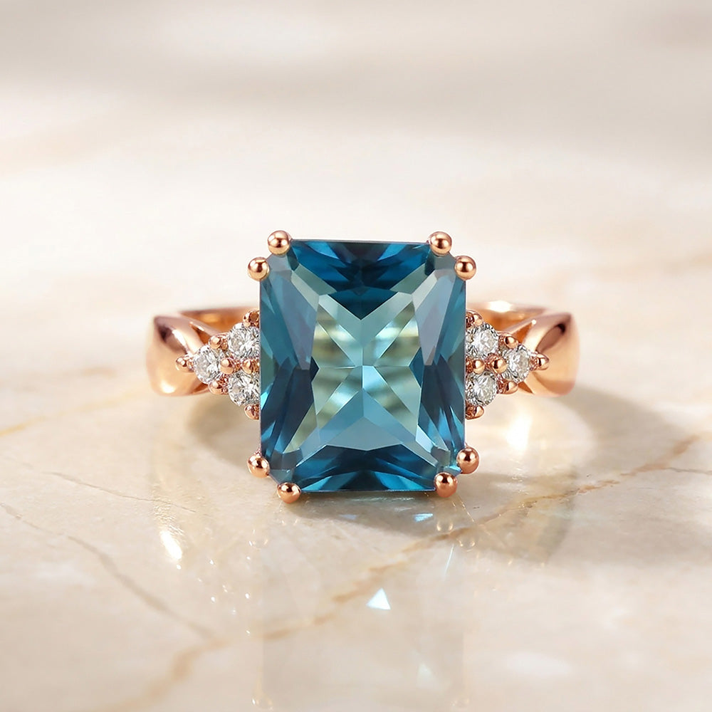 Octagon Blue Topaz Statement Engagement Ring with Clear Quartz Accents - H.L.Jewelry