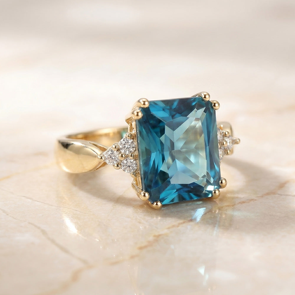 Octagon Blue Topaz Statement Engagement Ring with Clear Quartz Accents - H.L.Jewelry