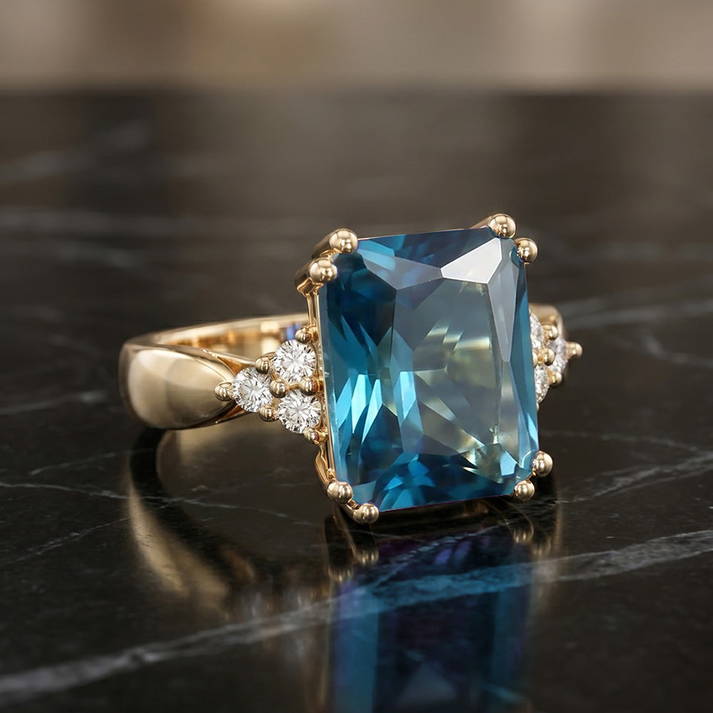 Octagon Blue Topaz Statement Engagement Ring with Clear Quartz Accents - H.L.Jewelry