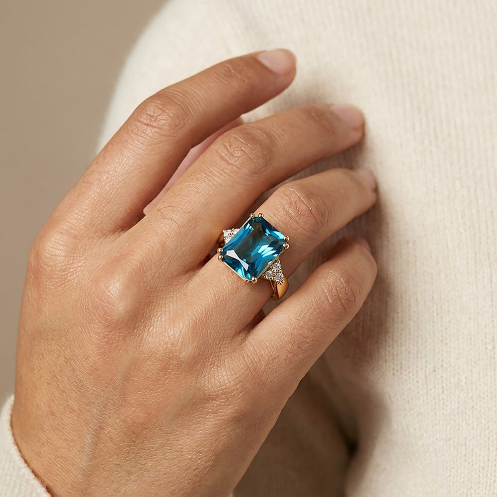 Octagon Blue Topaz Statement Engagement Ring with Clear Quartz Accents - H.L.Jewelry