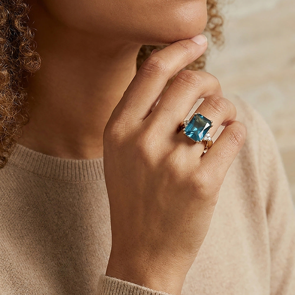 Octagon Blue Topaz Statement Engagement Ring with Clear Quartz Accents - H.L.Jewelry