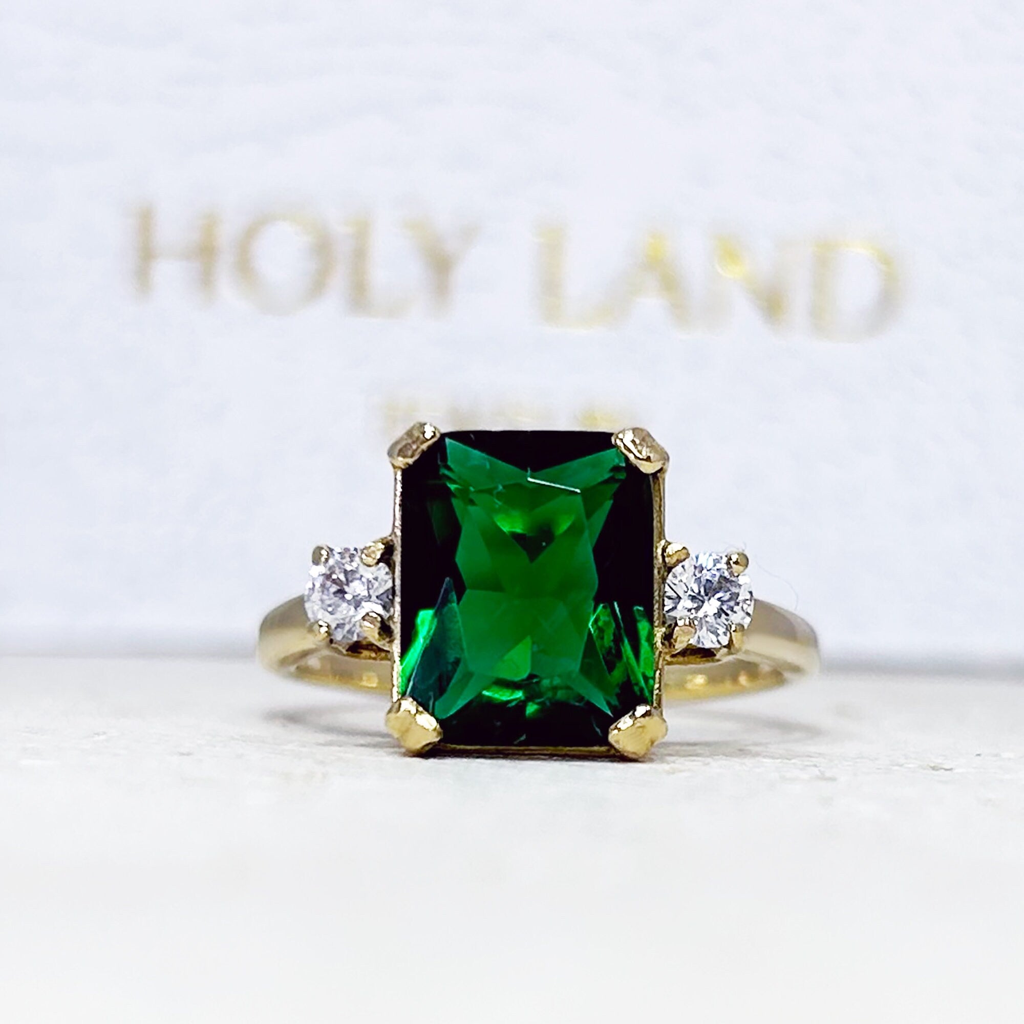 Octagon Emerald Engagement Ring with Clear Quartz Accents - H.L.Jewelry