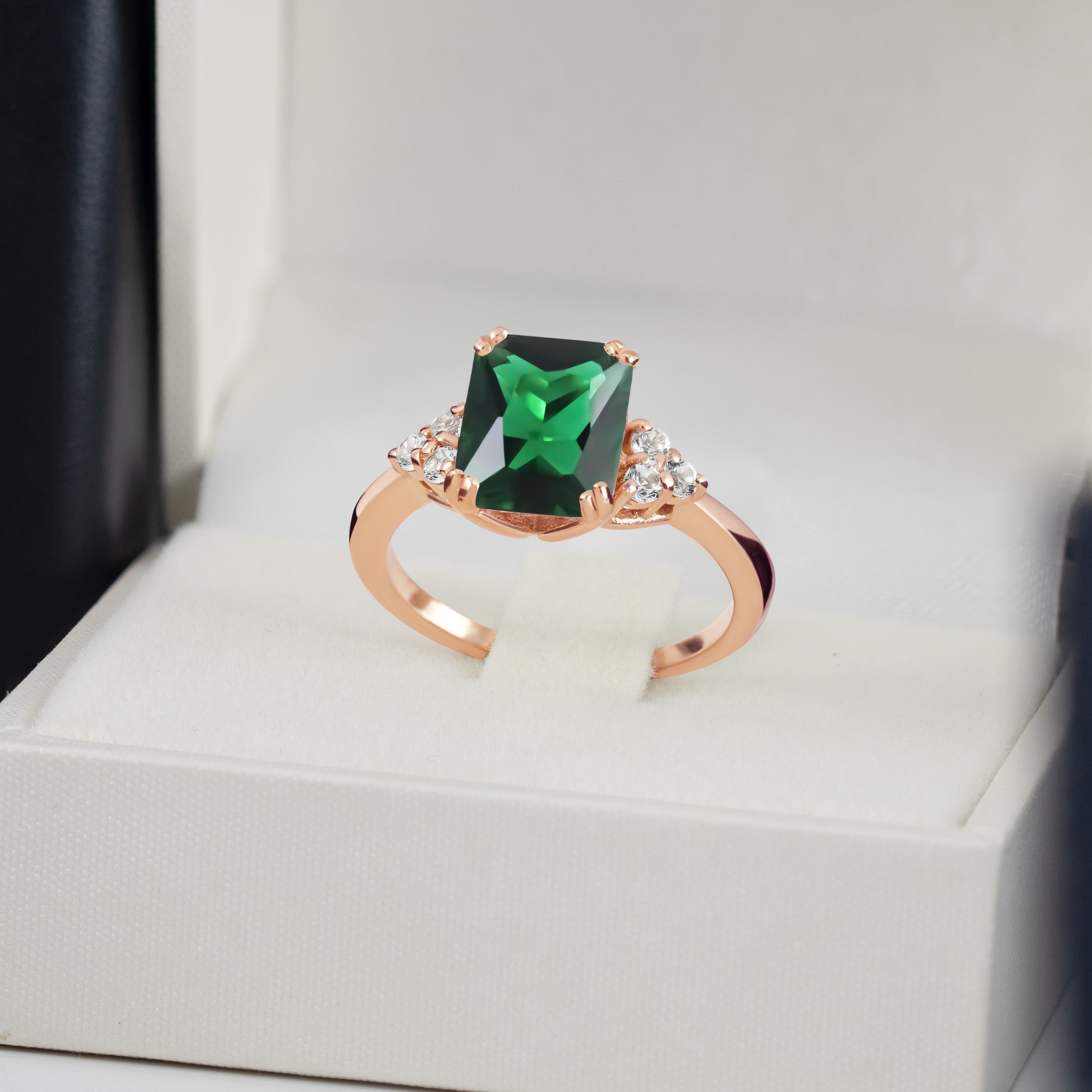 Octagon Emerald Engagement Ring with Clear Quartz Accents - H.L.Jewelry