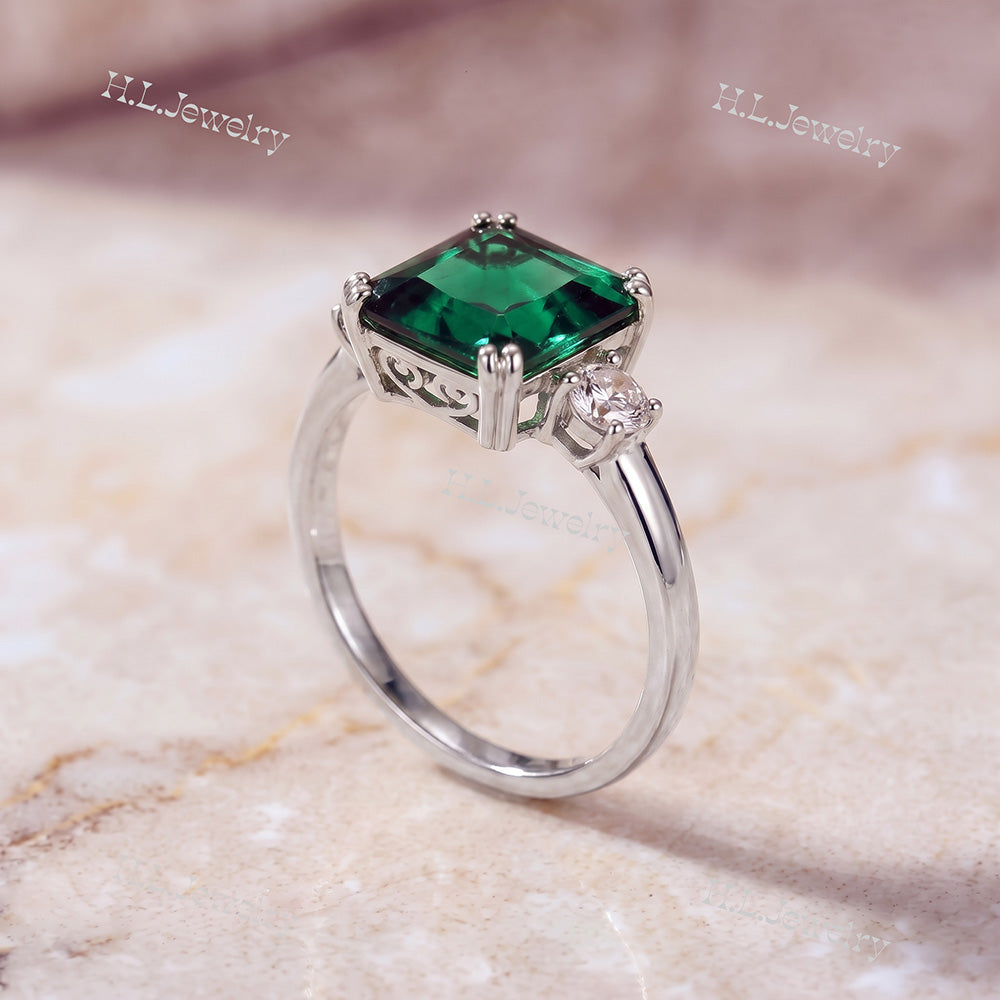 Octagon Emerald Engagement Ring with Clear Quartz Accents - H.L.Jewelry