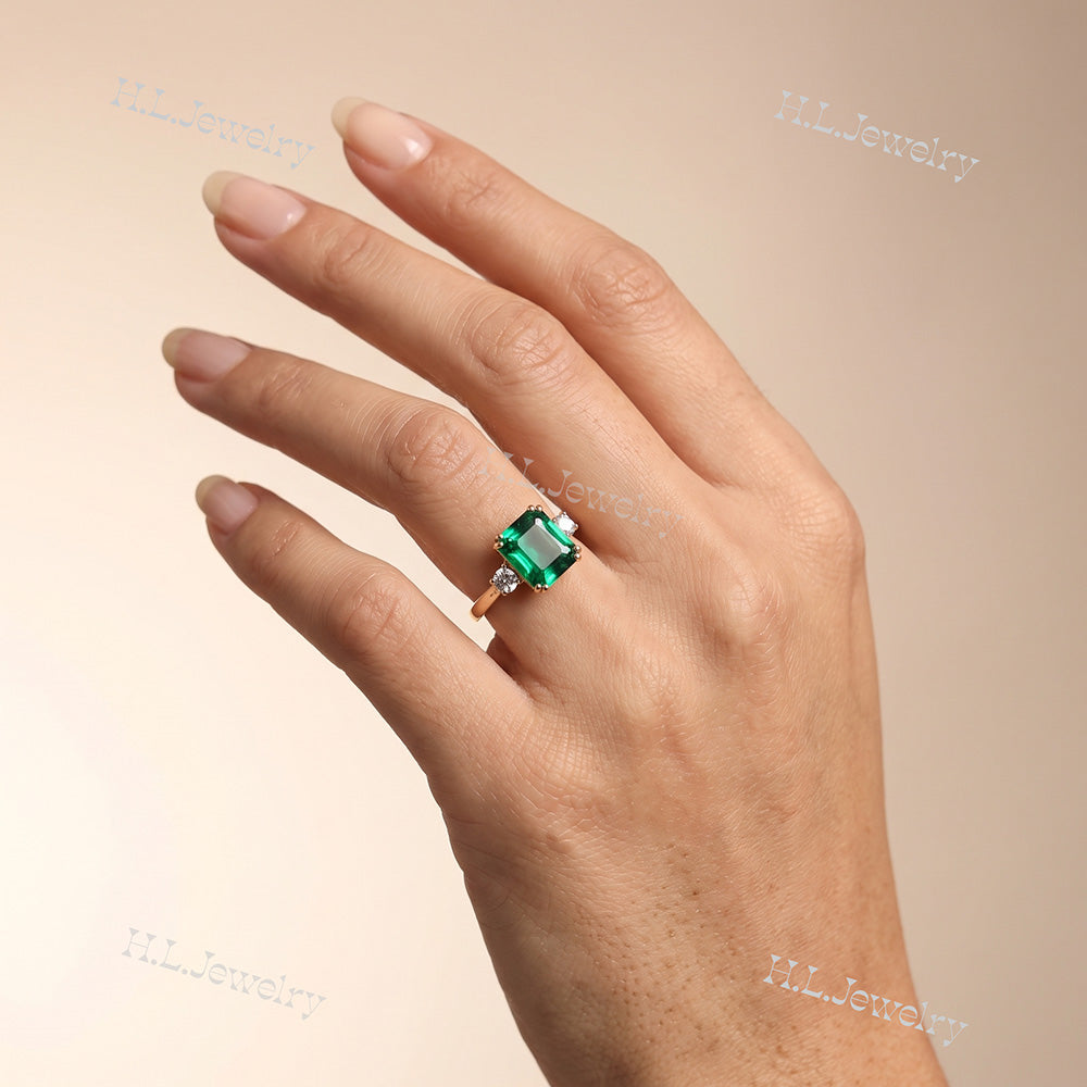 Octagon Emerald Engagement Ring with Clear Quartz Accents - H.L.Jewelry