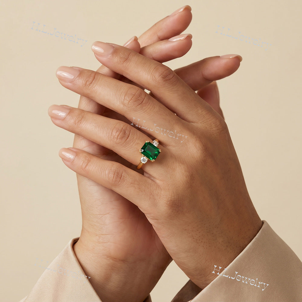 Octagon Emerald Engagement Ring with Clear Quartz Accents - H.L.Jewelry