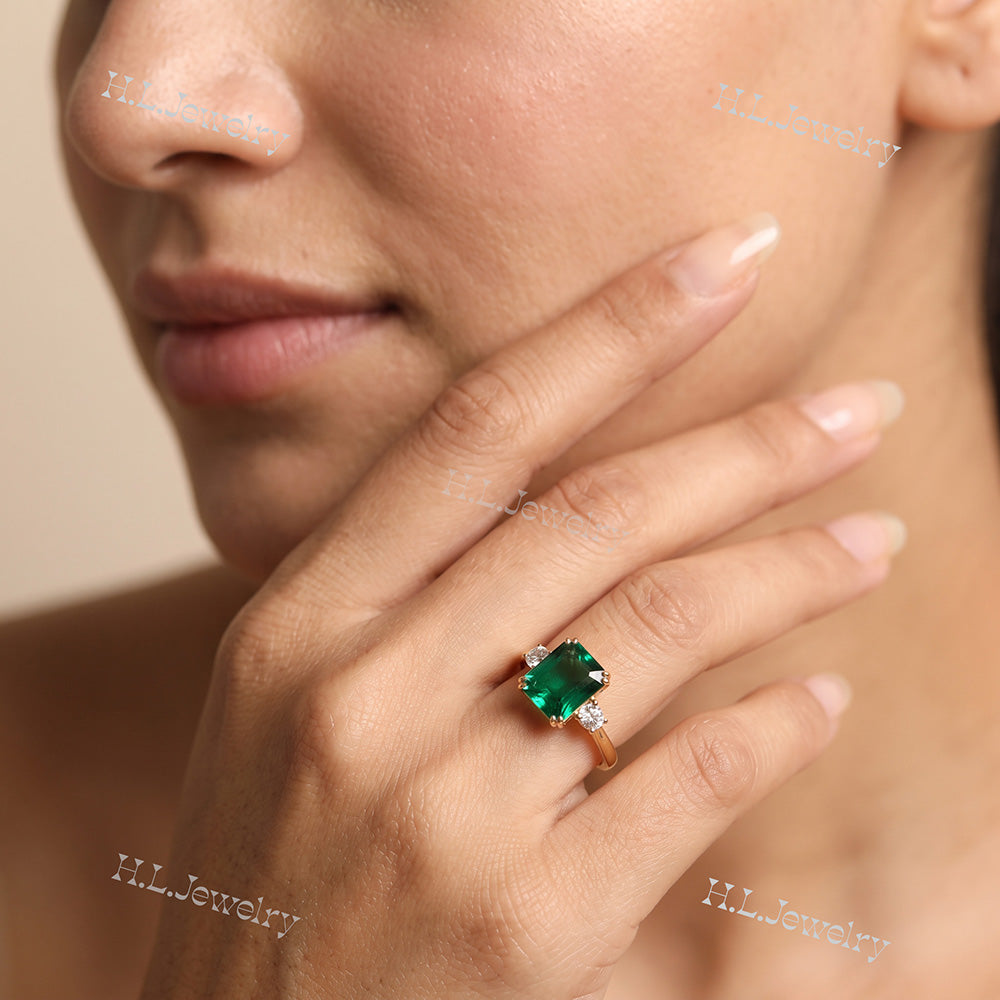 Octagon Emerald Engagement Ring with Clear Quartz Accents - H.L.Jewelry