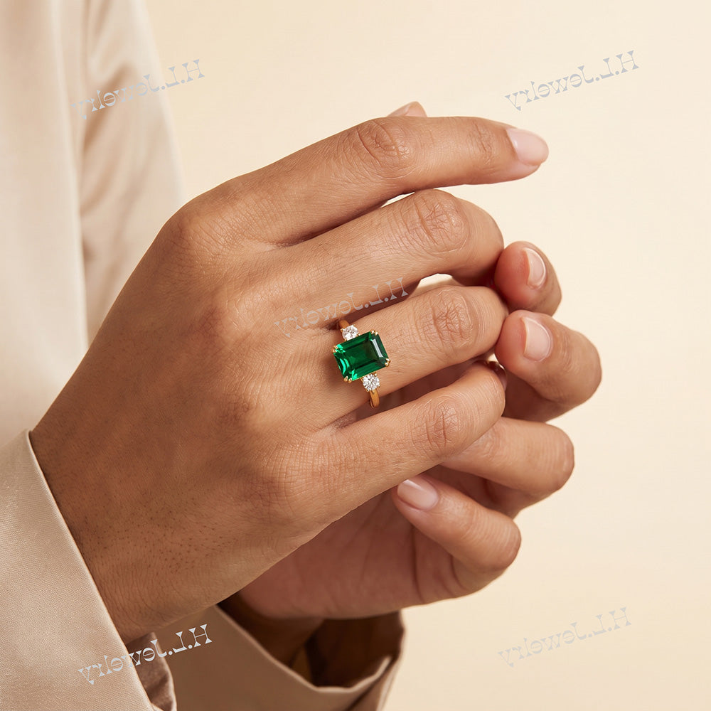 Octagon Emerald Engagement Ring with Clear Quartz Accents - H.L.Jewelry