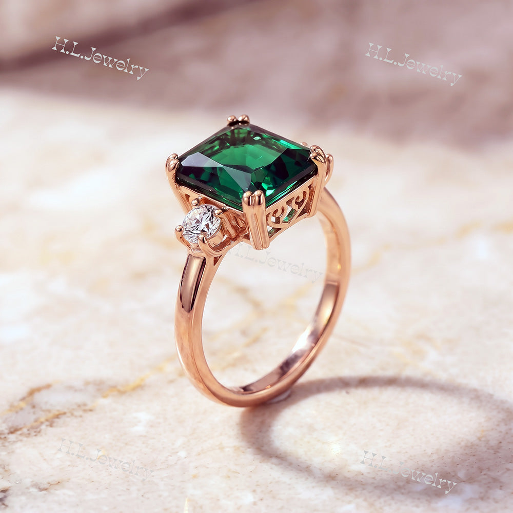 Octagon Emerald Engagement Ring with Clear Quartz Accents - H.L.Jewelry