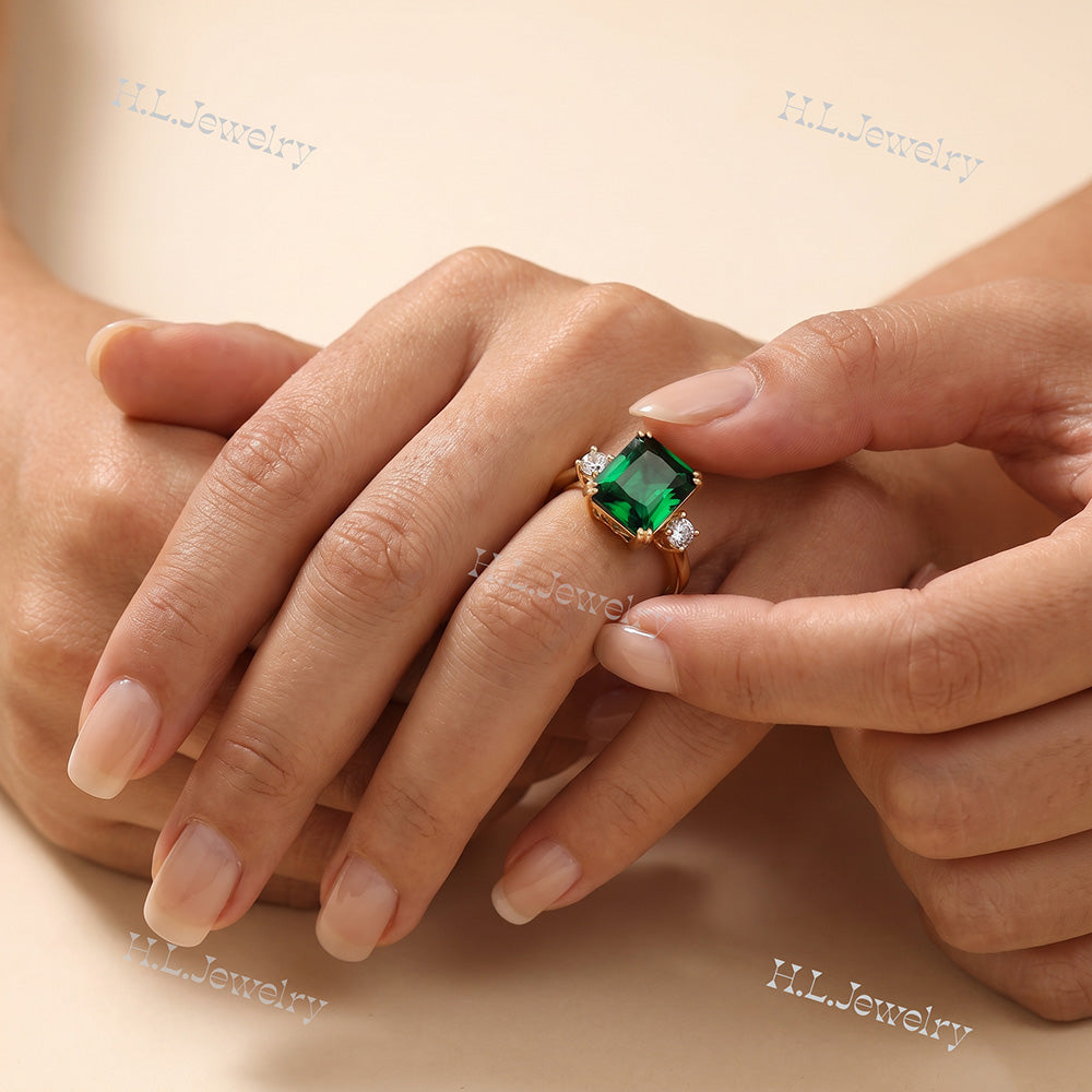Octagon Emerald Engagement Ring with Clear Quartz Accents - H.L.Jewelry