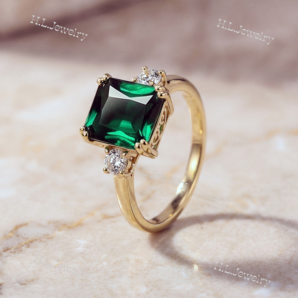 Octagon Emerald Engagement Ring with Clear Quartz Accents - H.L.Jewelry