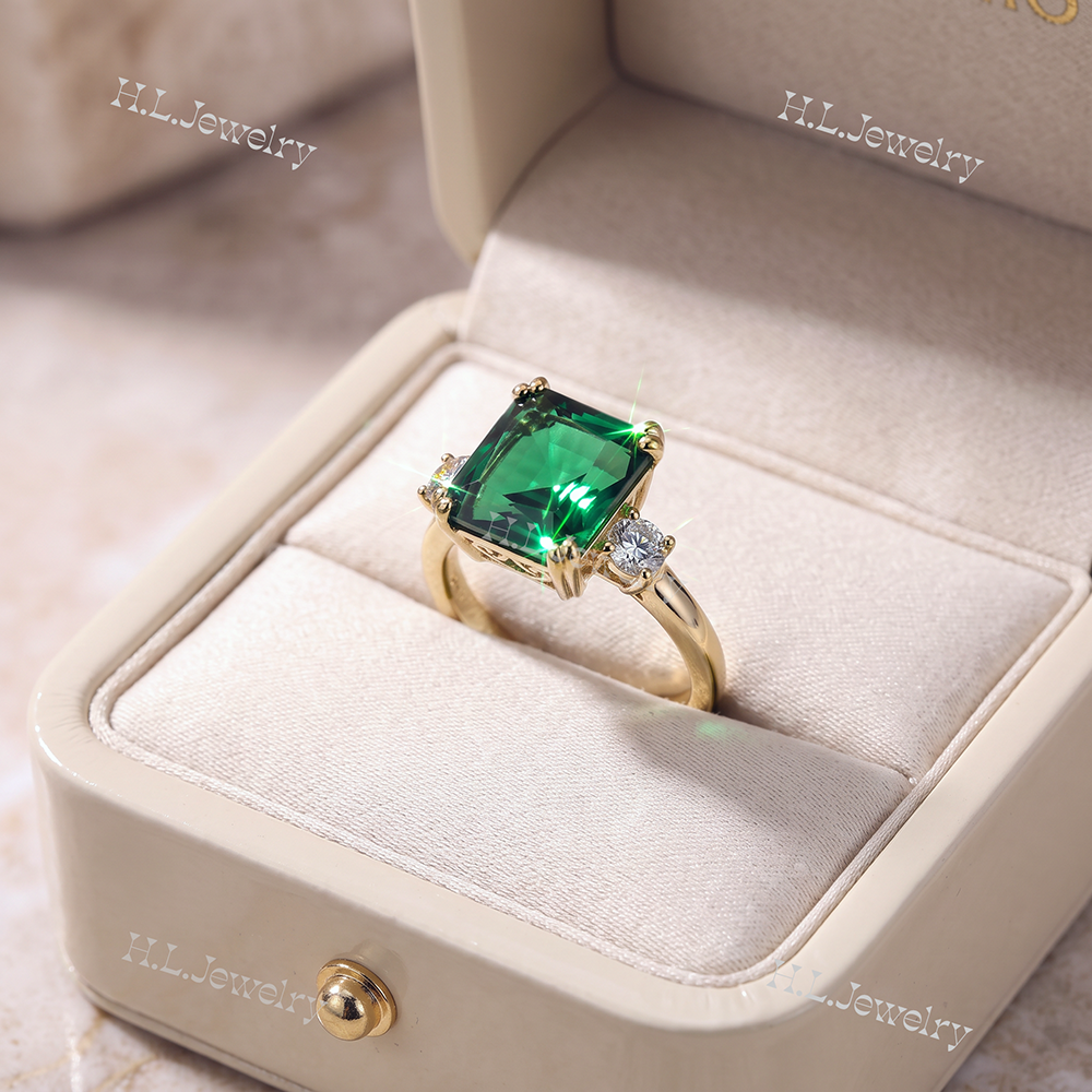 Octagon Emerald Engagement Ring with Clear Quartz Accents - H.L.Jewelry