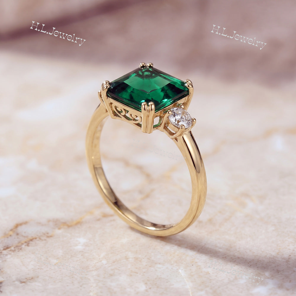 Octagon Emerald Engagement Ring with Clear Quartz Accents - H.L.Jewelry