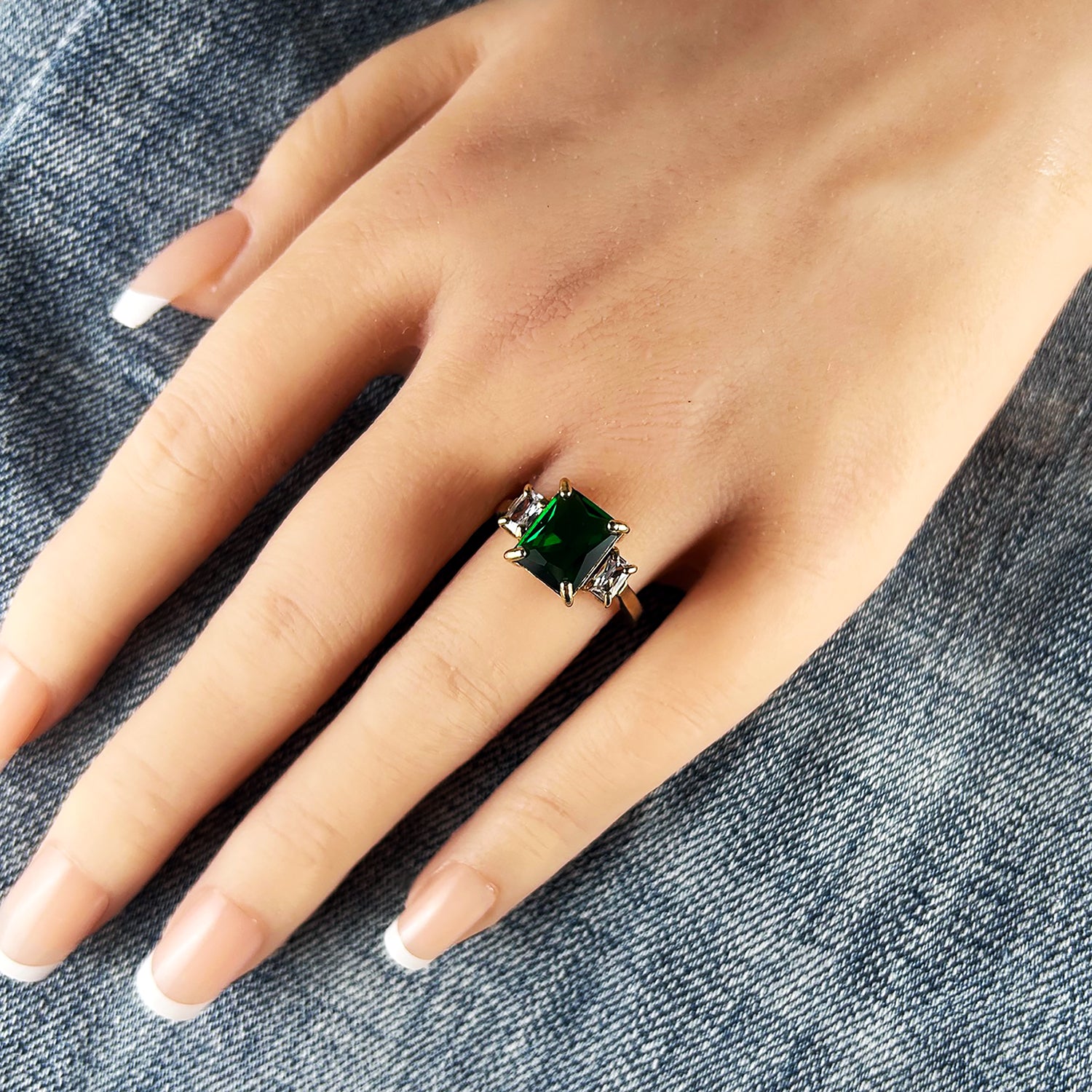 Octagon Emerald Ring with Clear Quartz Accents - H.L.Jewelry
